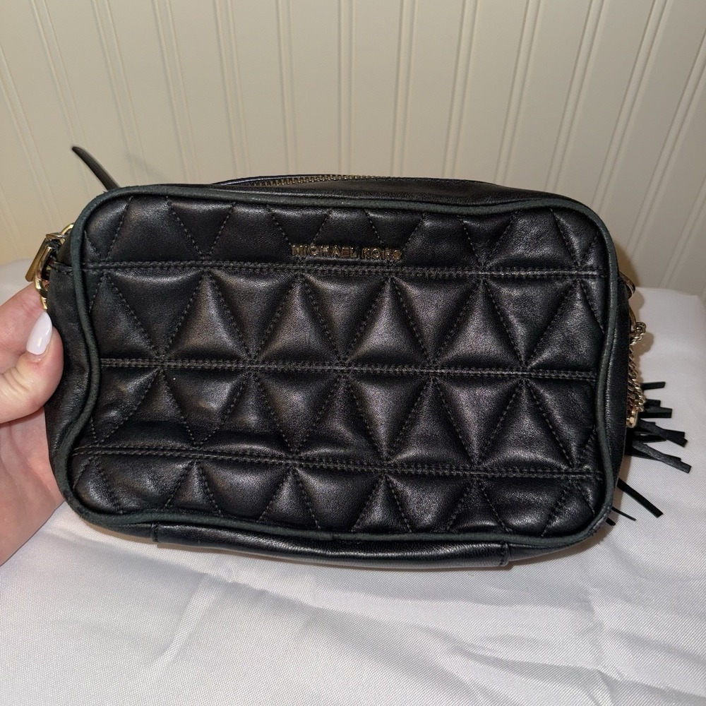Michael Kors Ginny Black Leather Gold Chain Camera Crossbody Bag Purse